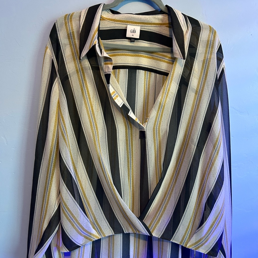 CAbi Striped V-Neck Blouse - Black, Yellow, Cream